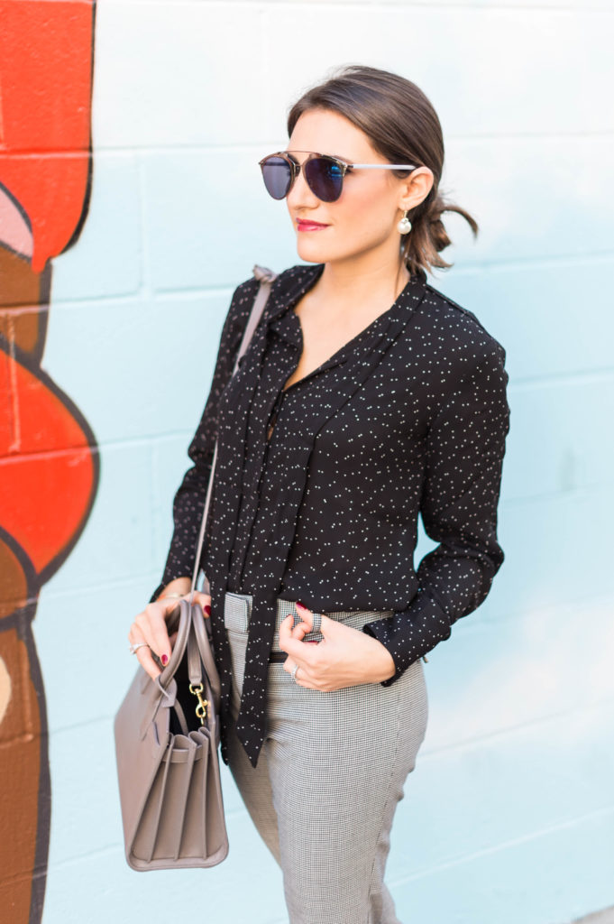 Lifestyle and Corporate blogger Amanda Warsavsky wearing Veronica Beard check pants and a Banana Republic dot blouse