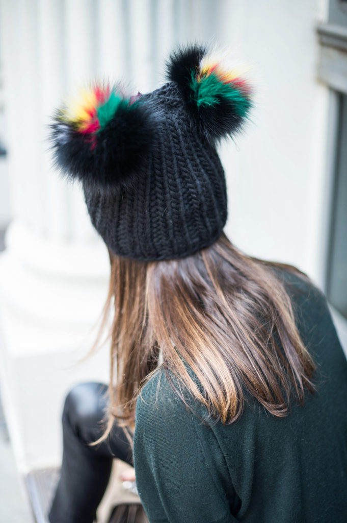 Lifestyle blogger Amanda Warsavsky wearing a Eugina Kim fur hat