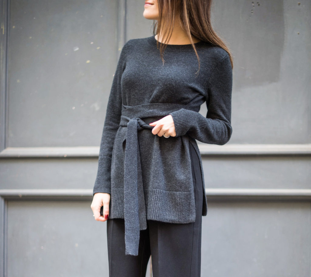 Fashion blogger That Pencil Skirt wearing  a Club Monaco tie sweater and wide leg crop pants