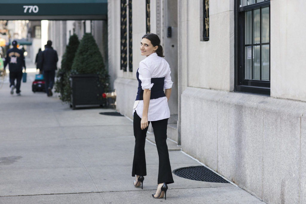lifestyle blogger That Pencil Skirt wearing crop flare black pants, a white button down top and a laveer bustier