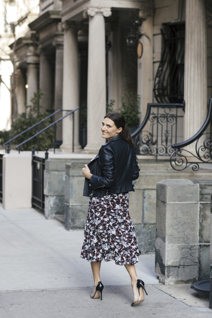 Corporate blogger Amanda Warsavsky wearing a Veronica Beard a line midi skirt and Iro navy leather jacket