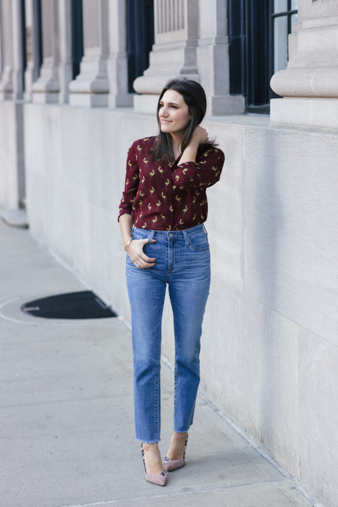 Amanda Warsavsky wearing an Alice and Olivia blouse, AG jeans and Sergio Rossi pumps discusisng challenges with fertility treatments