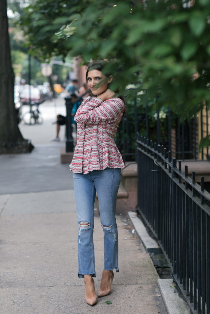 corporate and lifestyle blogger That Pencil Skirt wearing a Rebecca Taylor double breast tweed blazer and rag and bone step hem jeans