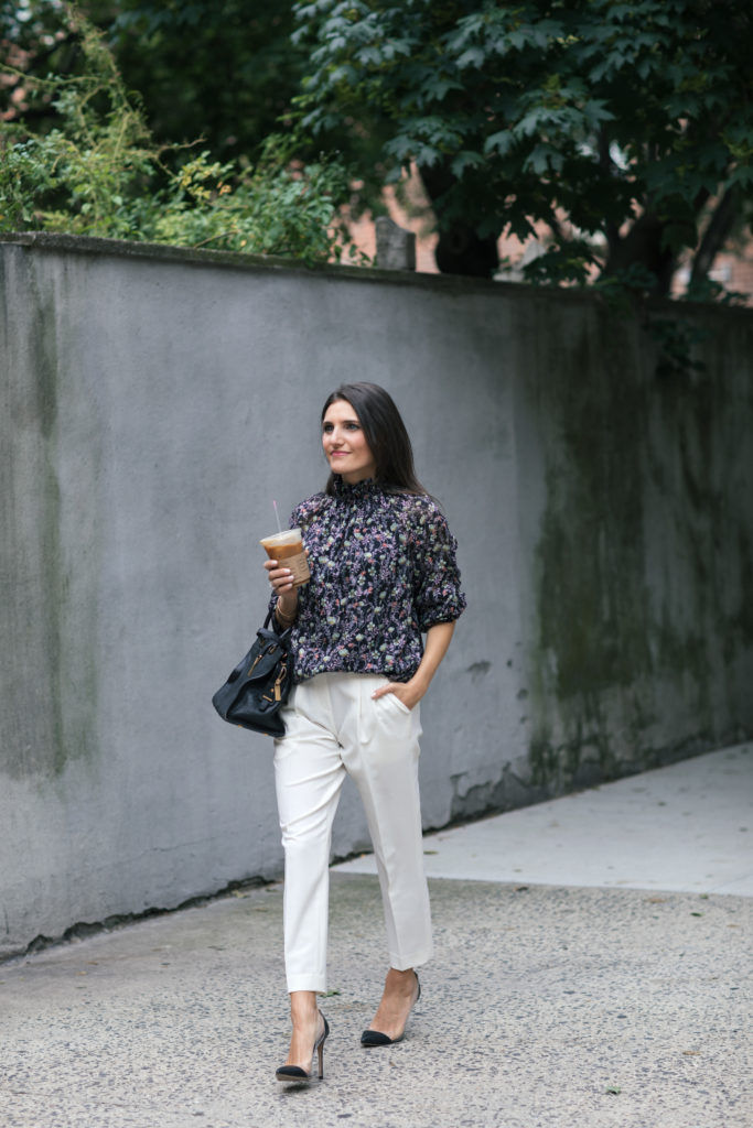 Lifestyle and work style blogger That Pencil Skirt wearing Dylan Gray off white crop trousers and a Rebecca Taylor floral smock neck blouse