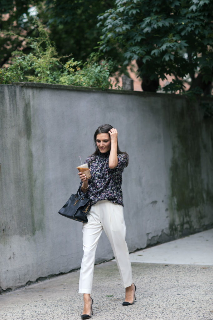 Lifestyle and work style blogger That Pencil Skirt wearing Dylan Gray off white crop trousers and a Rebecca Taylor floral smock neck blouse