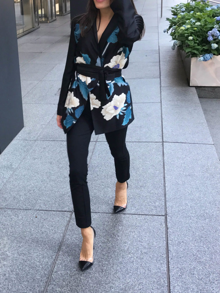 Lifestyle blogger That Pencil Skirt wearing a Zara silk printed kimono blazer and Rag and Bone Simone pants