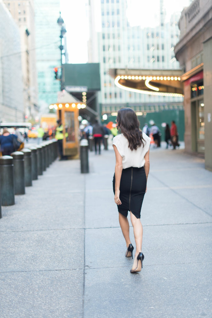 Lifestyle and work style blogger That Pencil Skirt wearing a Veronica Beard scuba pencil skirt with an embellished Miu Miu belt and Rebecca Taylor white drape front bouse