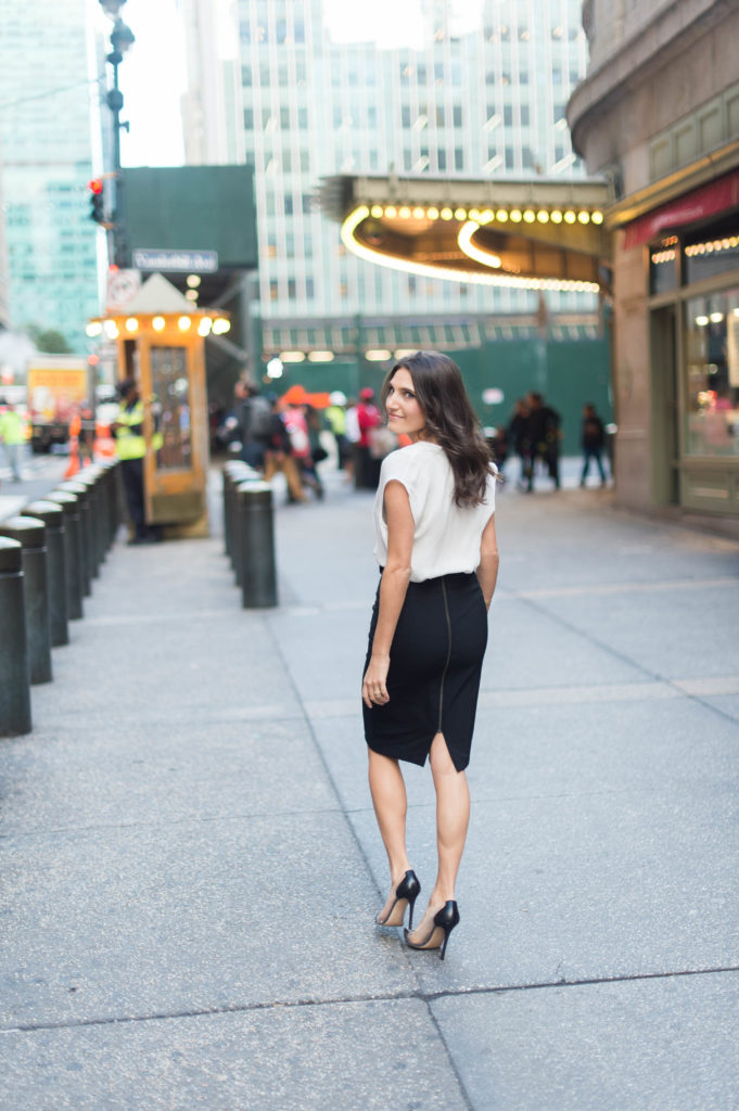 Lifestyle and work style blogger That Pencil Skirt wearing a Veronica Beard scuba pencil skirt with an embellished Miu Miu belt and Rebecca Taylor white drape front bouse