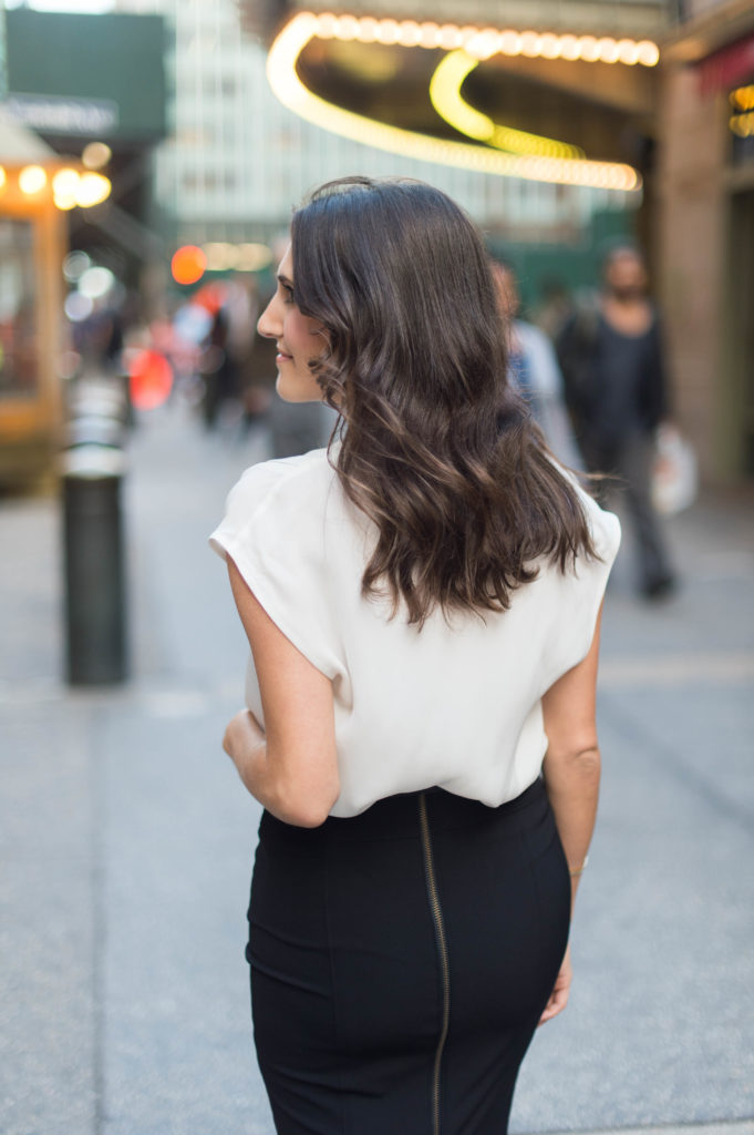 Lifestyle and work style blogger That Pencil Skirt wearing a Veronica Beard scuba pencil skirt with an embellished Miu Miu belt and Rebecca Taylor white drape front bouse