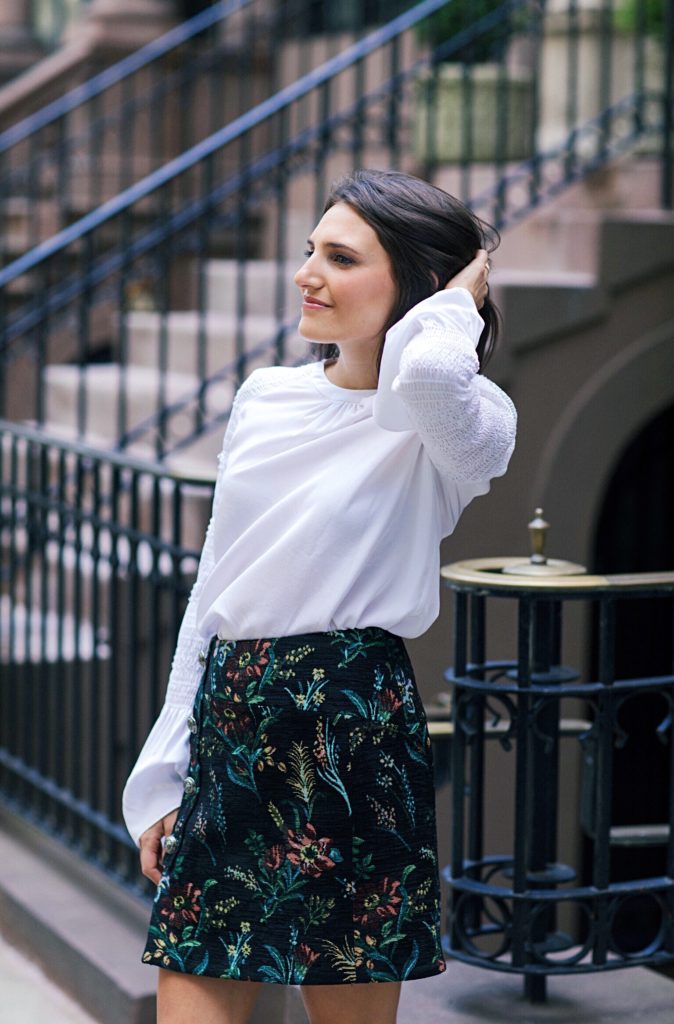Lifestyle and work wear blogger That Pencil Skirt wearing a Ba&Sh floral jaquard mini skirt with buttons and an A.L.C. white bell sleeve blouse