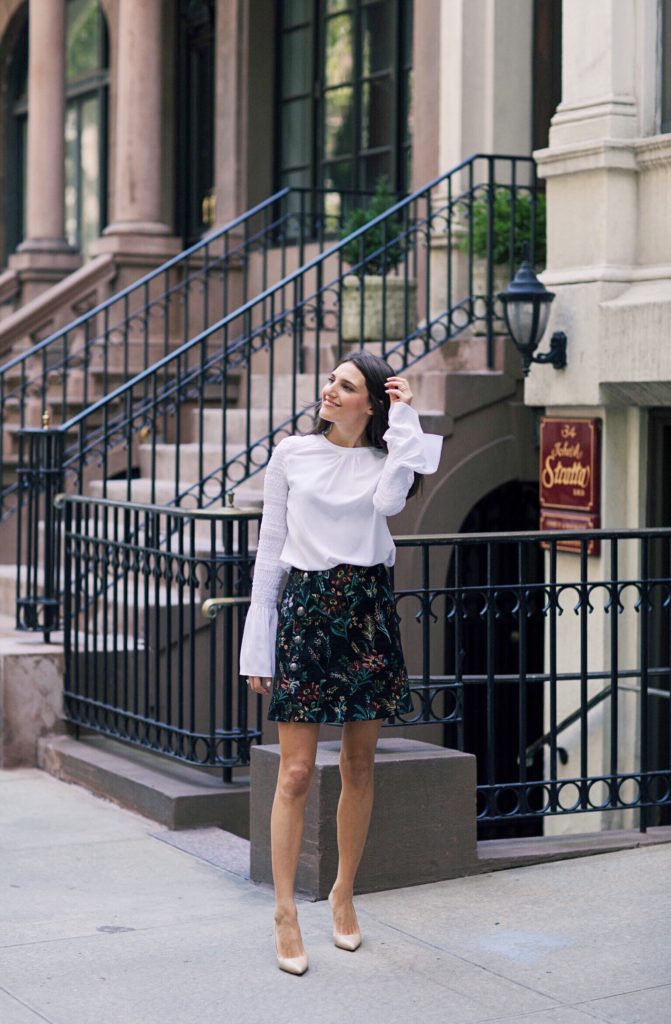Lifestyle and work wear blogger That Pencil Skirt wearing a Ba&Sh floral jaquard mini skirt with buttons and an A.L.C. white bell sleeve blouse