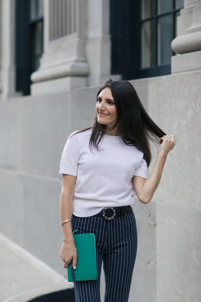 Lifestyle and work wear inspiration blogger That Pencil Skirt wearing Derek Lam crop pinstripe stretch pants, an embellished Miu Miu belt and a short sleeve white cashmere sweater