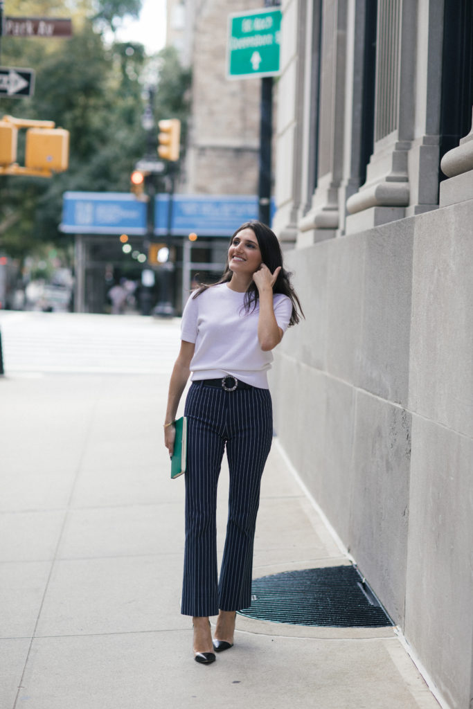 Lifestyle and work wear inspiration blogger That Pencil Skirt wearing Derek Lam crop pinstripe stretch pants, an embellished Miu Miu belt and a short sleeve white cashmere sweater