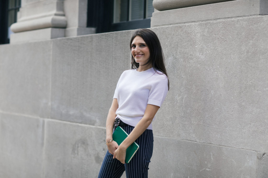 Lifestyle and work wear inspiration blogger That Pencil Skirt wearing Derek Lam crop pinstripe stretch pants, an embellished Miu Miu belt and a short sleeve white cashmere sweater