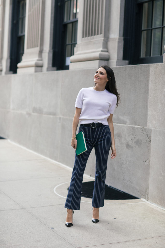 Lifestyle and work wear inspiration blogger That Pencil Skirt wearing Derek Lam crop pinstripe stretch pants, an embellished Miu Miu belt and a short sleeve white cashmere sweater