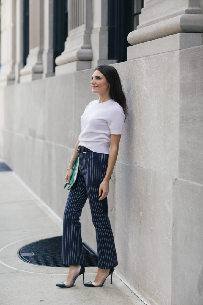 Lifestyle and work wear inspiration blogger That Pencil Skirt wearing Derek Lam crop pinstripe stretch pants, an embellished Miu Miu belt and a short sleeve white cashmere sweater