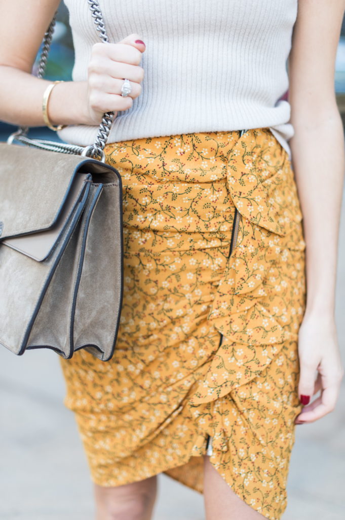 Work style blogger That Pencil Skirt wearing a Veronica Beard yellow ruched skirt and a beige Gucci bag