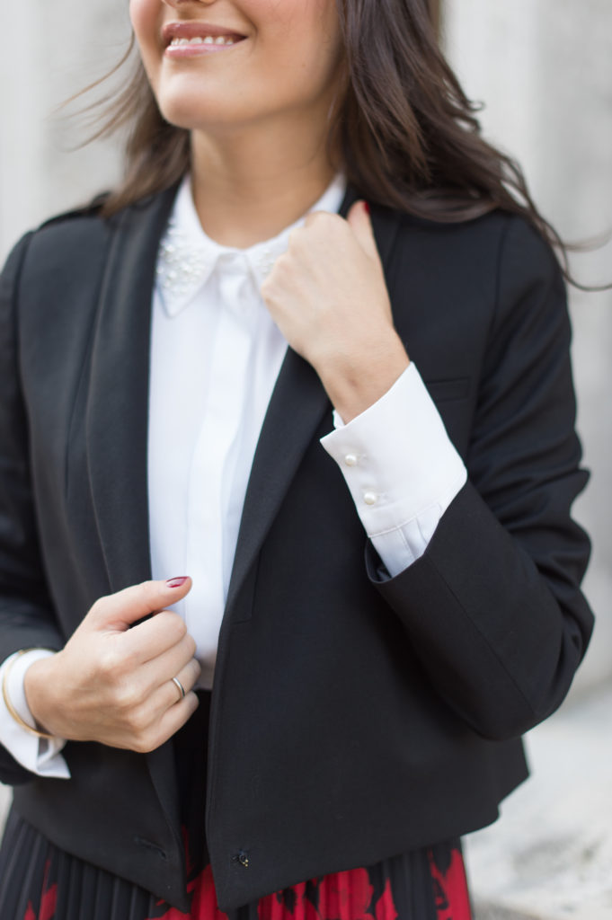 Lifestyle and work wear inspiration blogger That Pencil Skirt wearing a Ba&sh crop black blazer and H&M white blouse with a pearl collar