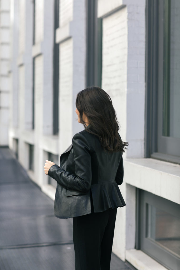 Lifestyle and work wear blogger That Pencil Skirt wearing a Theory peplum leather jacket