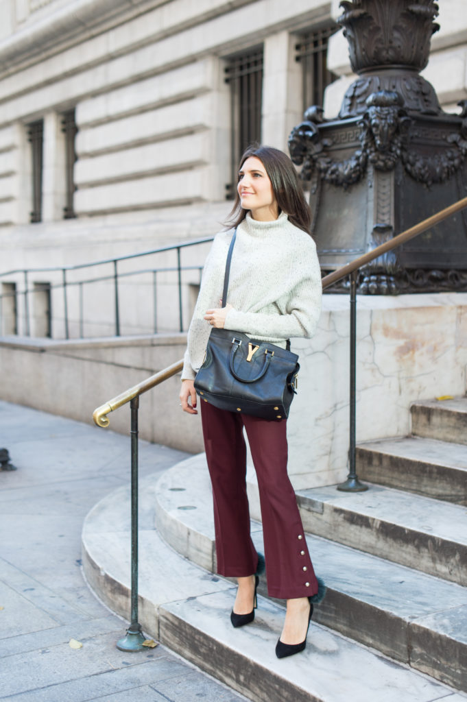 Lifestle and Work wear blogger That Pencil Skirt wearing red crop Club Monaco pants with a grey Club Monaco dot sweater and a Saint Laurent small cabas bag