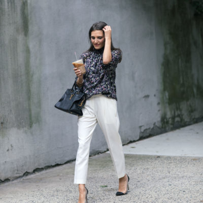 Lifestyle and work style blogger That Pencil Skirt wearing Dylan Gray off white crop trousers and a Rebecca Taylor floral smock neck blouse