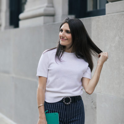 Lifestyle and work wear inspiration blogger That Pencil Skirt wearing Derek Lam crop pinstripe stretch pants, an embellished Miu Miu belt and a short sleeve white cashmere sweater